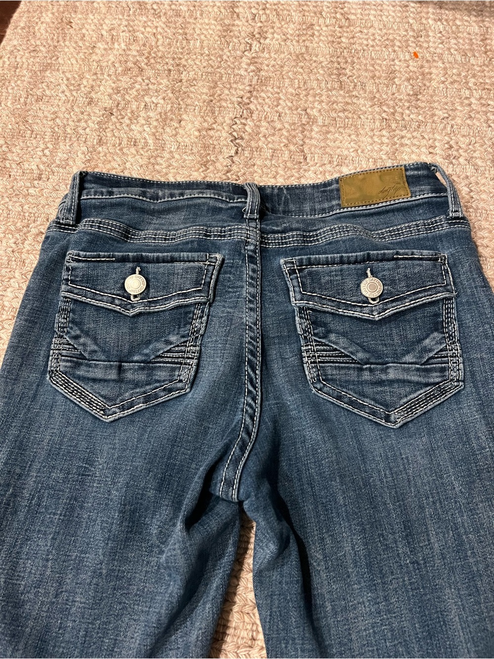 Daytrip Dark Blue Women's Boot Cut Jeans with Button-Trim Back Pockets